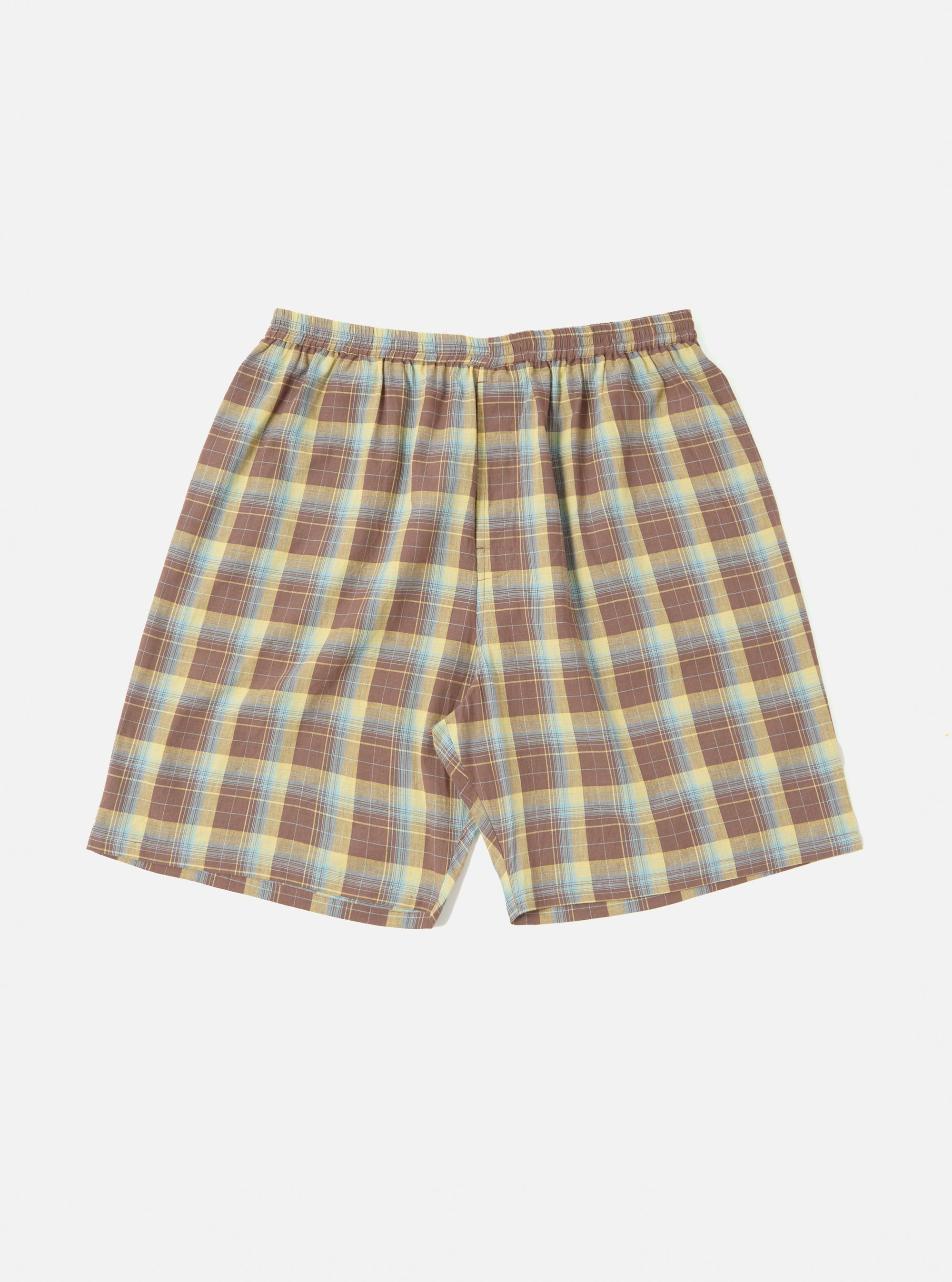 Close-up of the Yellow/Brown Check Short Pyjama Set on a white background. The shorts feature a brown, yellow, and blue plaid pattern with an elastic waistband.