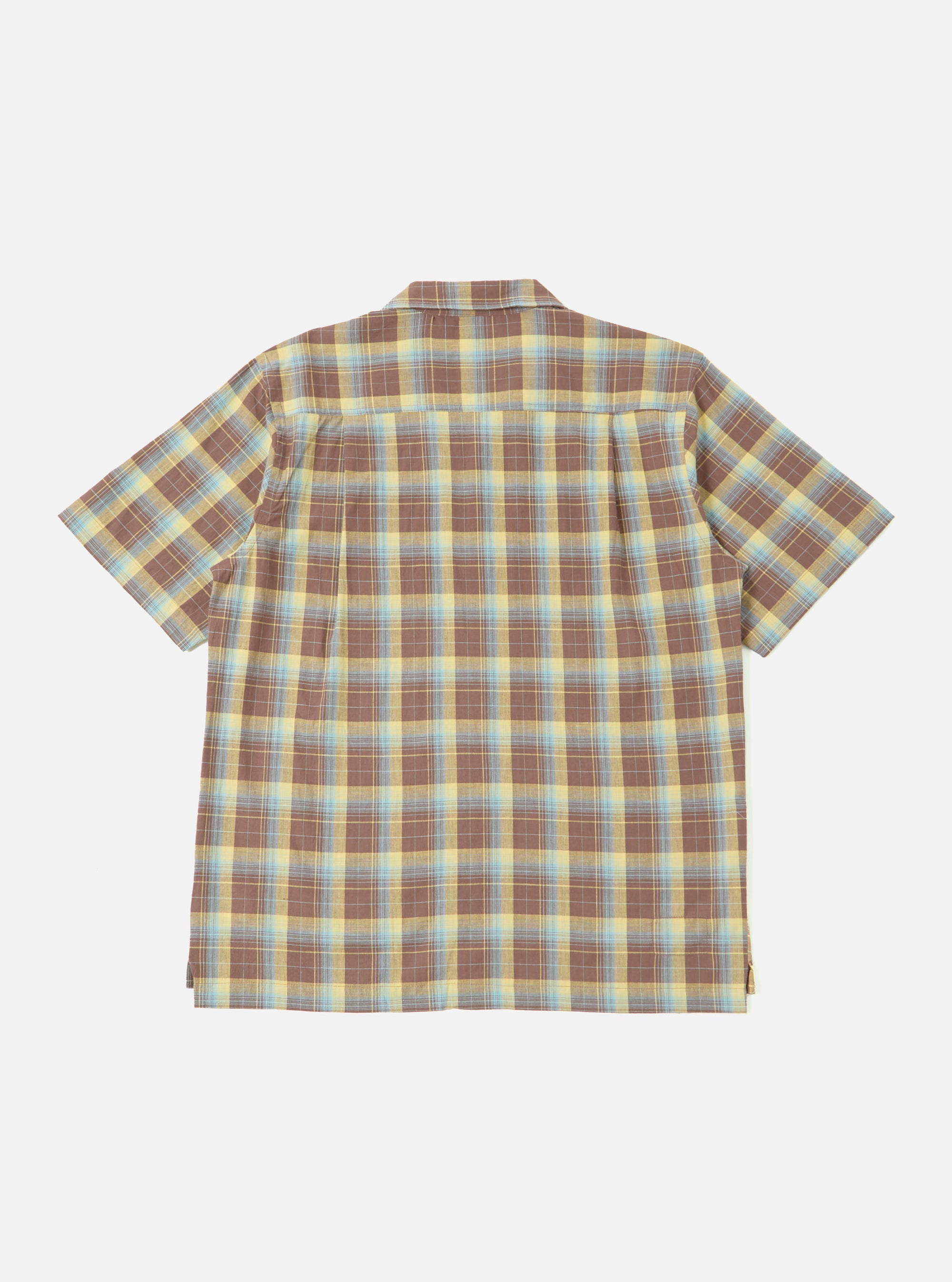 Back view of the Yellow/Brown Check Short Pyjama Set shirt on a white background. The shirt has a brown, yellow, and blue plaid pattern.