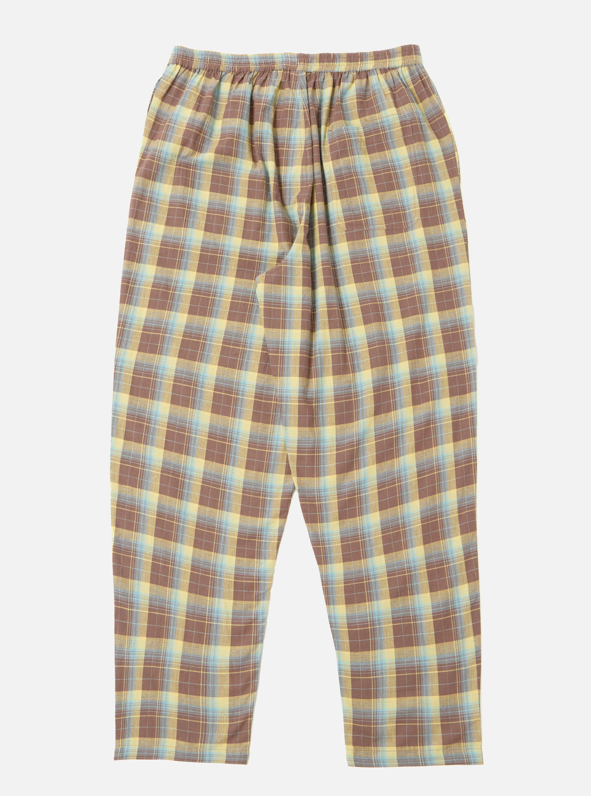 The Yellow/Brown Check Pyjama Pant on a white background. These comfy pants feature a yellow, brown, and blue plaid pattern. Perfect for lounging!
