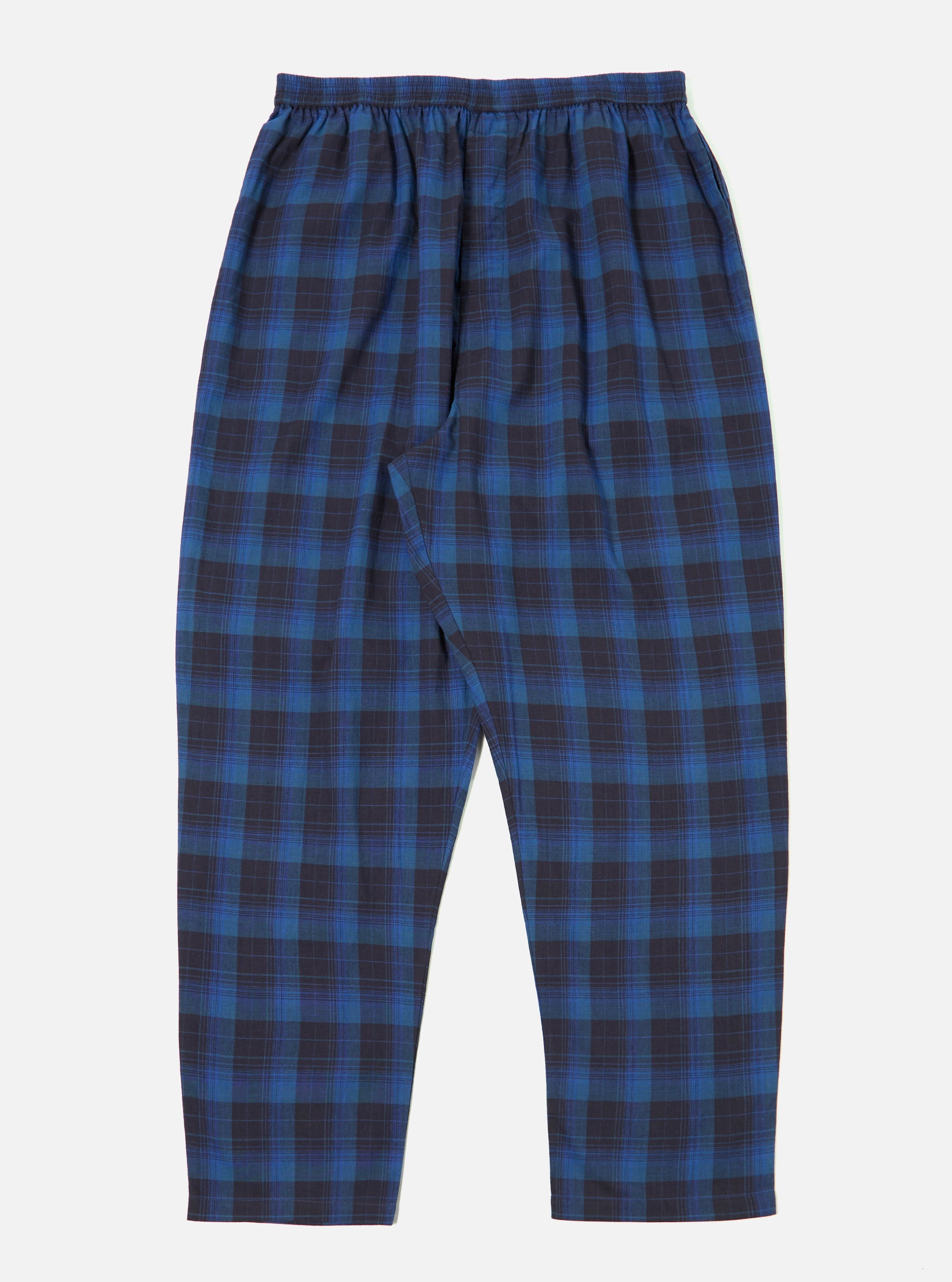 Close-up of the Navy/Blue Check Pyjama Pant on a white background. The relaxed-fit pants feature a blue and navy check pattern and an elastic waistband.