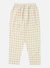 Close-up of the Ecru PJ Plaid Pyjama Pant on a white background. The pants are ecru with a brown and grey plaid pattern and an elastic waistband.