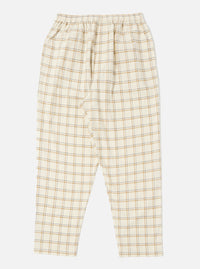 Close-up of the Ecru PJ Plaid Pyjama Pant on a white background. The pants are ecru with a brown and grey plaid pattern and an elastic waistband.