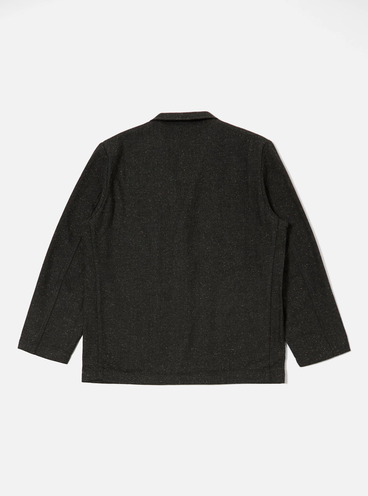 The back of a Black Salt N Pepper Tweed Three Button Jacket laid flat on a white background. The tweed material has a subtle texture and a tailored fit.