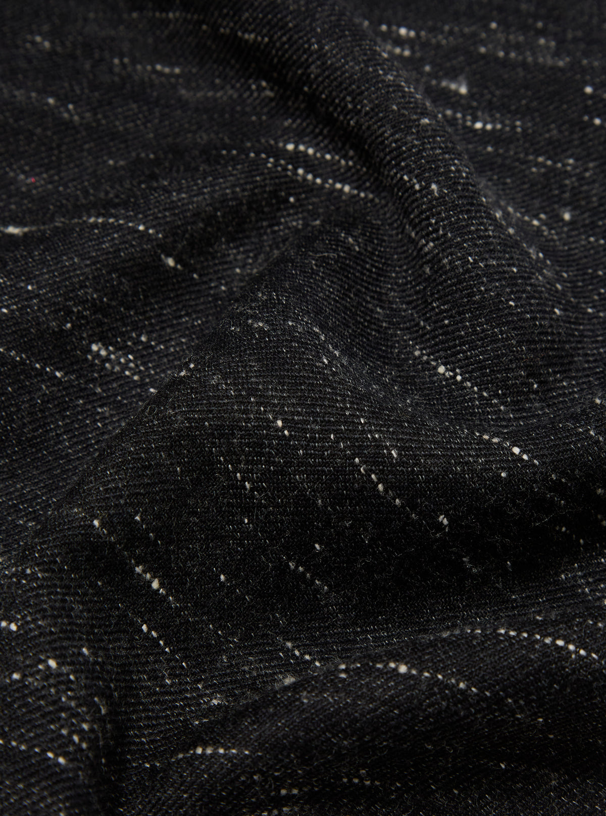 Close-up of a textured black wool scarf. The fabric has subtle white flecks. The Black Wool Scarf is draped to show its soft texture.
