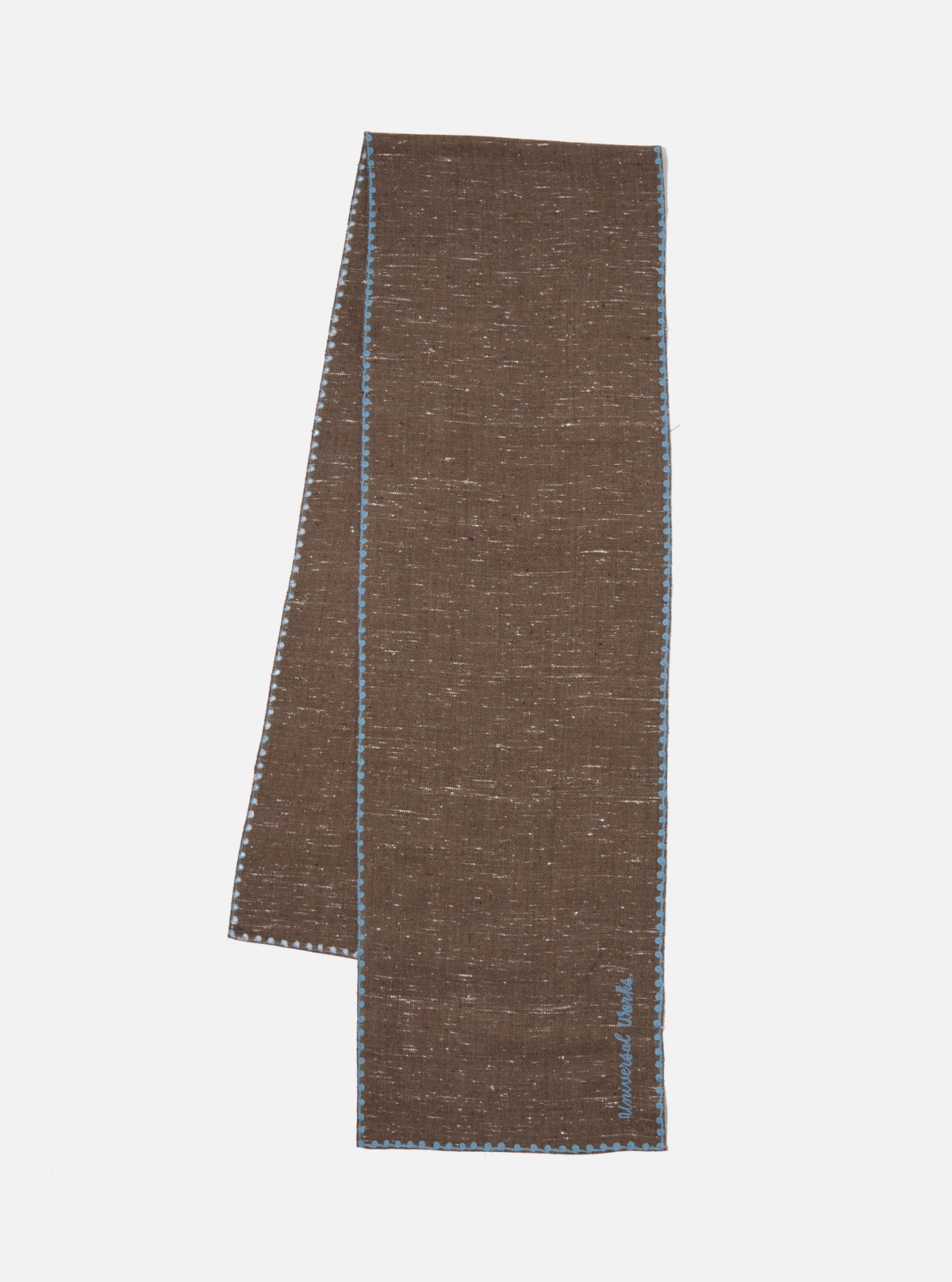 Studio shot of a Brown Wool Scarf on a white background. The scarf has light blue trim. 