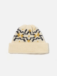 Close-up of the Ecru/Navy British Wool Short Watch Cap on a white background. The wool cap features a geometric pattern in ecru, navy, and gold.