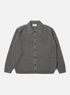 The Grey Textured Merino Knit Charlie Cardigan, laid flat on a white background. The cardigan is buttoned and features a textured knit and a small pocket.