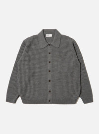 The Grey Textured Merino Knit Charlie Cardigan, laid flat on a white background. The cardigan is buttoned and features a textured knit and a small pocket.
