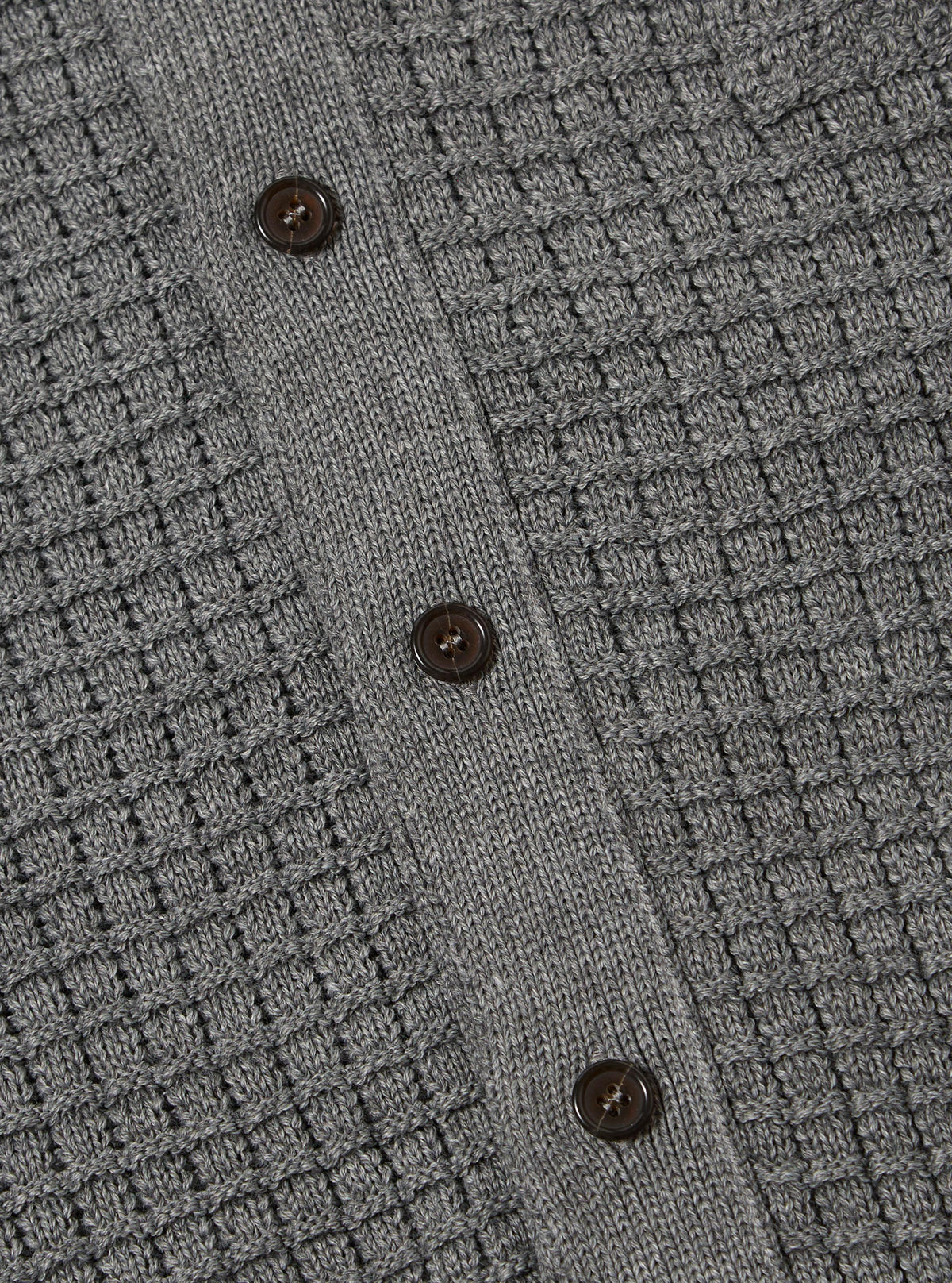 Close-up of the grey textured Merino knit Charlie Cardigan, showing the knit pattern and button detail. The cardigan is laid flat on a neutral surface.