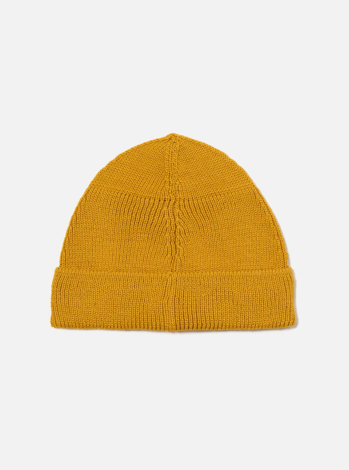 Studio shot of a Gold Merino Knit Watch Cap on a white background. The knit is tight and the fit is snug.