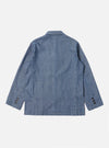 Back view of the Indigo Denim Herringbone Manor Jacket on a white background. The jacket is blue with a subtle herringbone pattern and has three buttons on the sleeve cuffs.