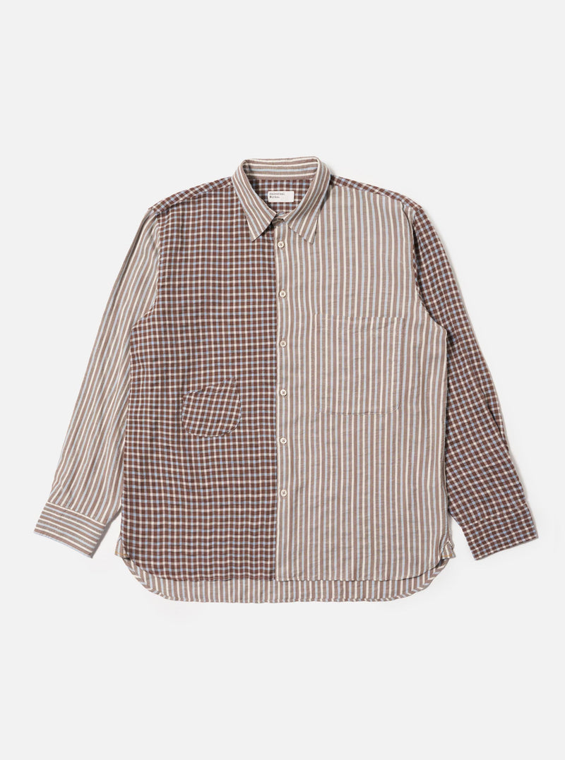 The Brown Madison Check/Stripe Station Shirt laid flat on a white background. The shirt is half brown check and half brown stripe, with long sleeves and a button-up front.