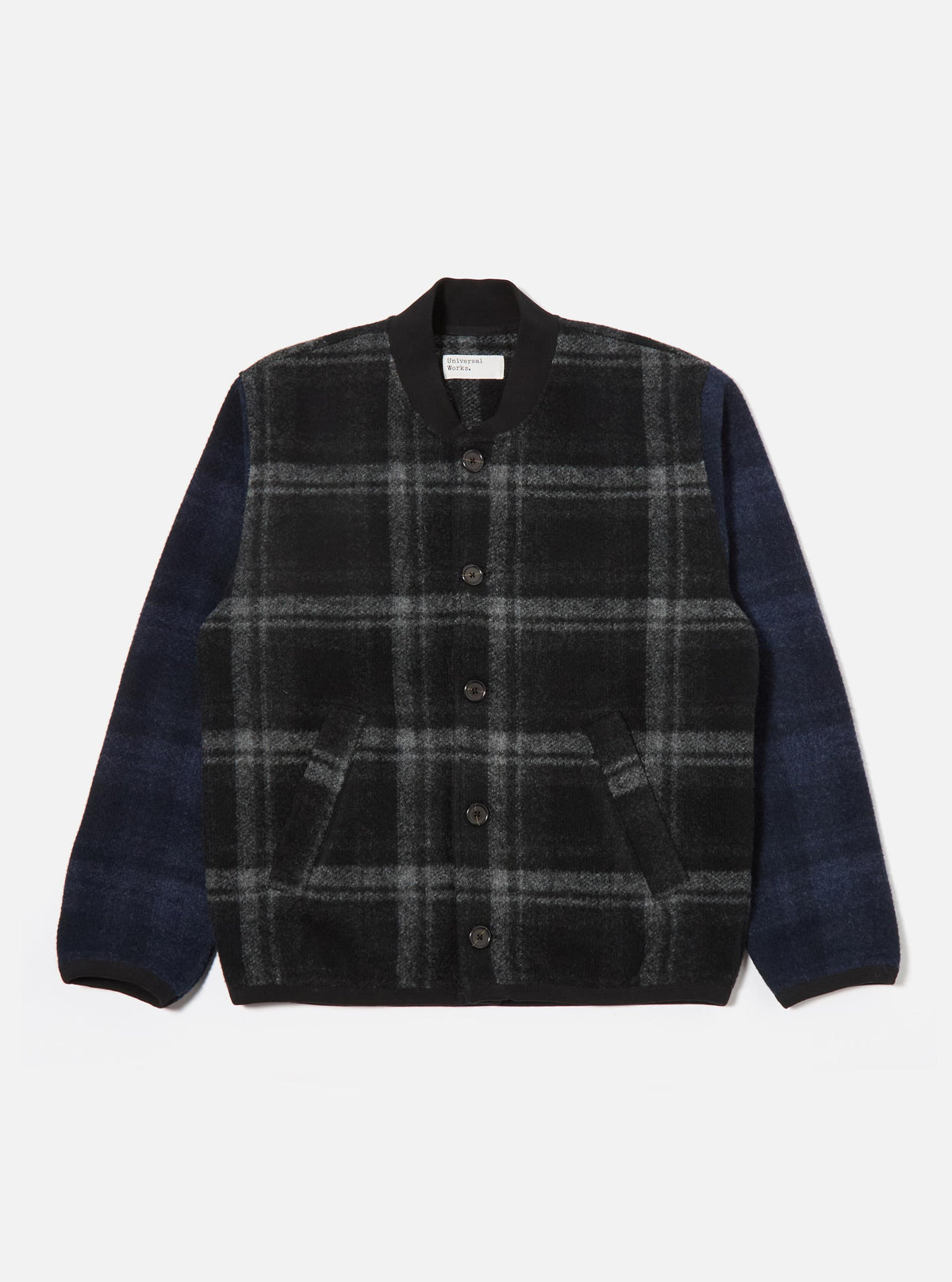 The Grey Moh Check Fleece Button Front Bomber on a white background. The bomber has a grey and black check pattern on the body and navy sleeves.