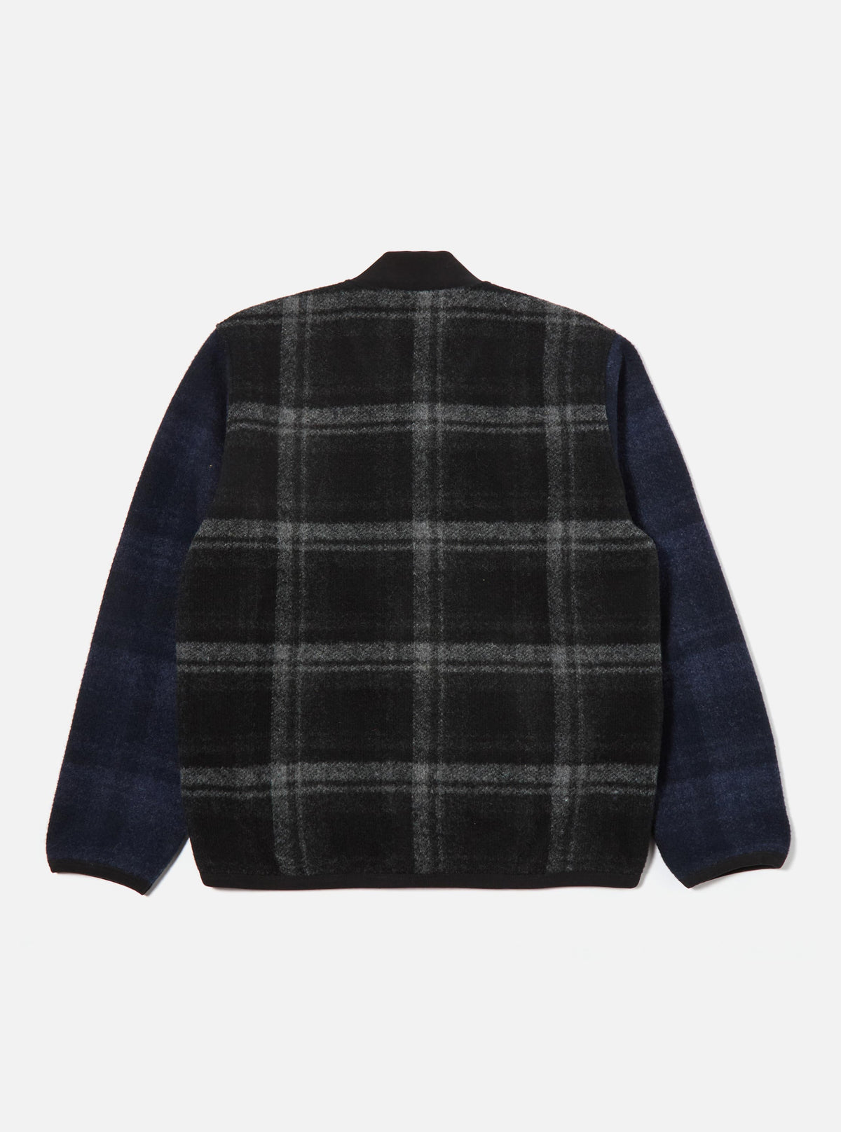 Back view of the Grey Moh Check Fleece Button Front Bomber on a white background. The bomber has a grey and black check pattern on the body and navy sleeves.