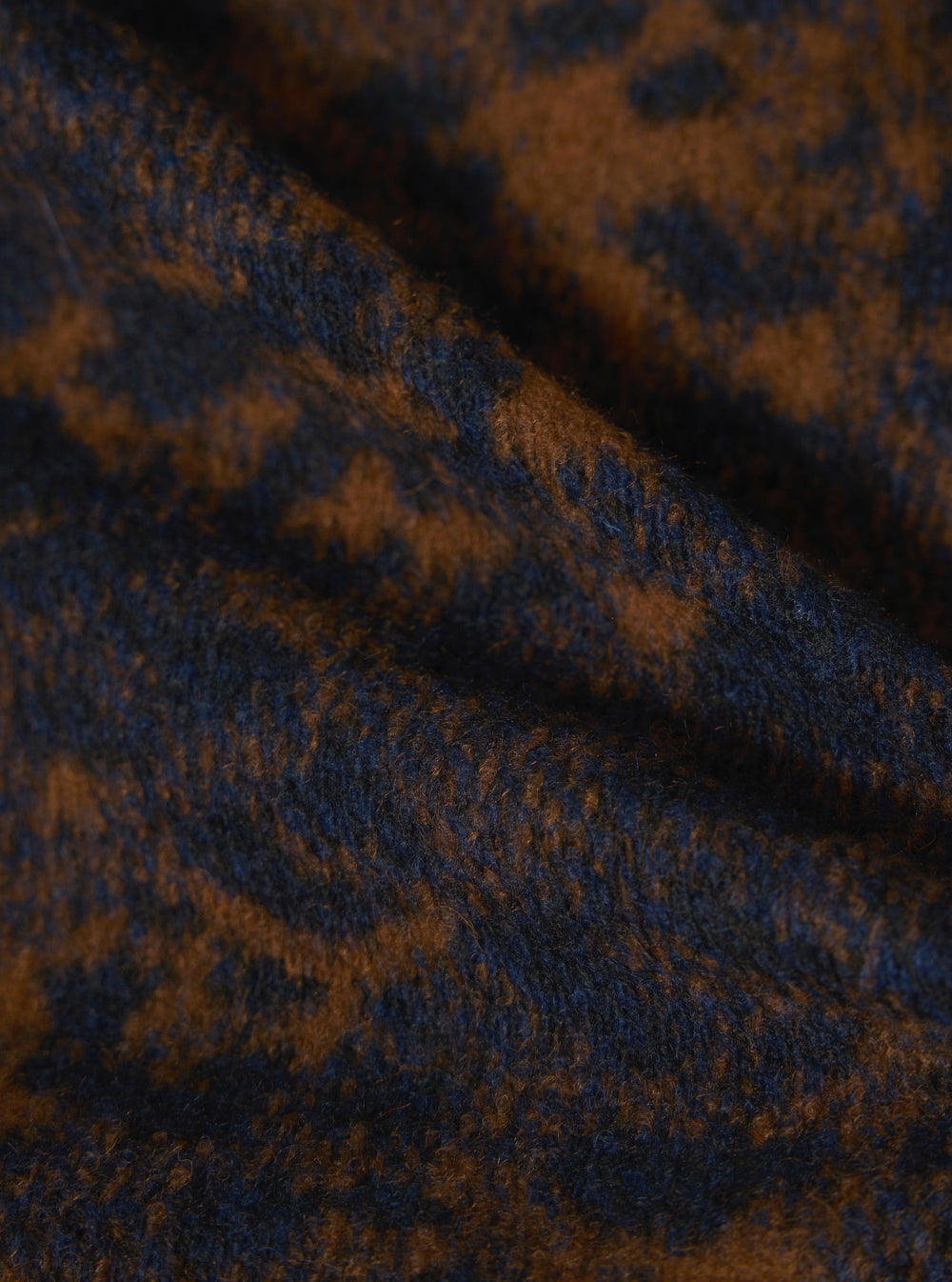 Close-up of the Dark Navy/Brown Night Leopard Cardigan, showcasing the soft, textured fabric and unique leopard print pattern in dark navy and brown tones.