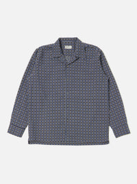 Flat lay of the Navy Oscar Cotton L/S Camp Shirt on a white background. The shirt has a navy, brown, and white geometric pattern and long sleeves.