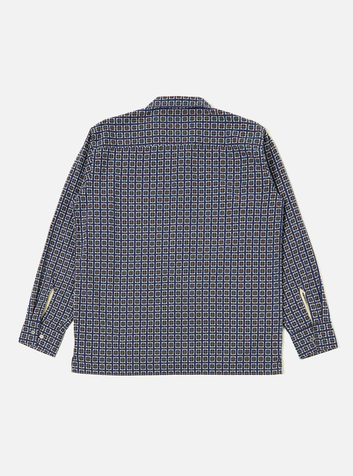 Back view of the Navy Oscar Cotton L/S Camp Shirt on a white background. The shirt has a navy, brown, and white geometric pattern and long sleeves.