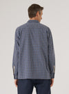 Back view of a man wearing the Navy Oscar Cotton L/S Camp Shirt. The shirt has a navy, brown, and white geometric pattern. Shot against a white background.