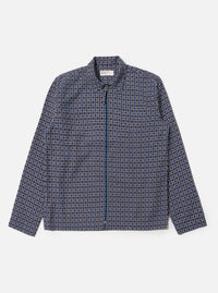 Flat lay of the Navy Oscar Cotton Zip Shirt on a white background. The shirt has a geometric pattern in navy, brown, and white. It's fully zipped and made of cotton.