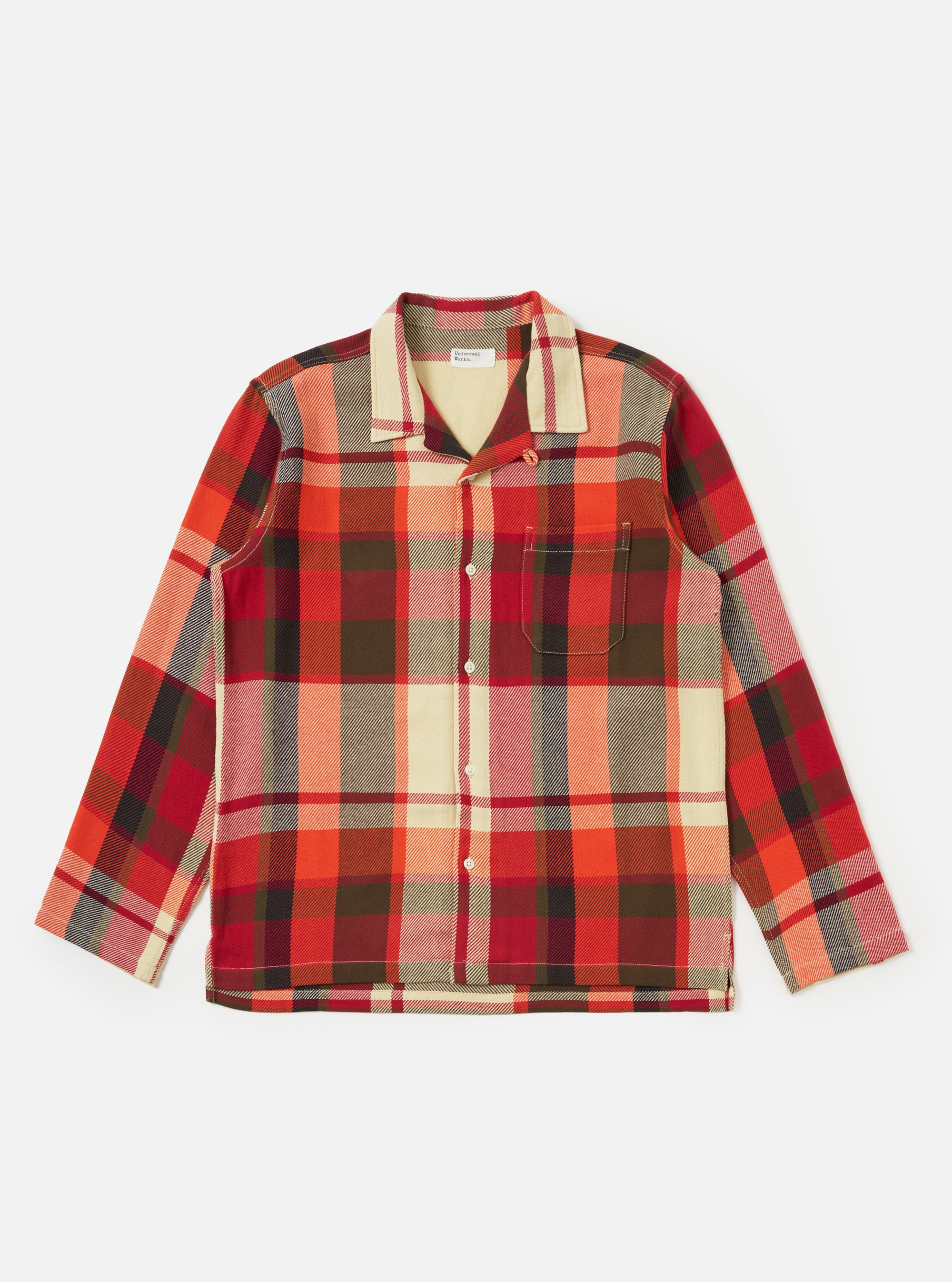 The Red Earth Check Long Pyjama Set top, featuring a red, orange, and beige plaid pattern, is laid flat on a white background.
