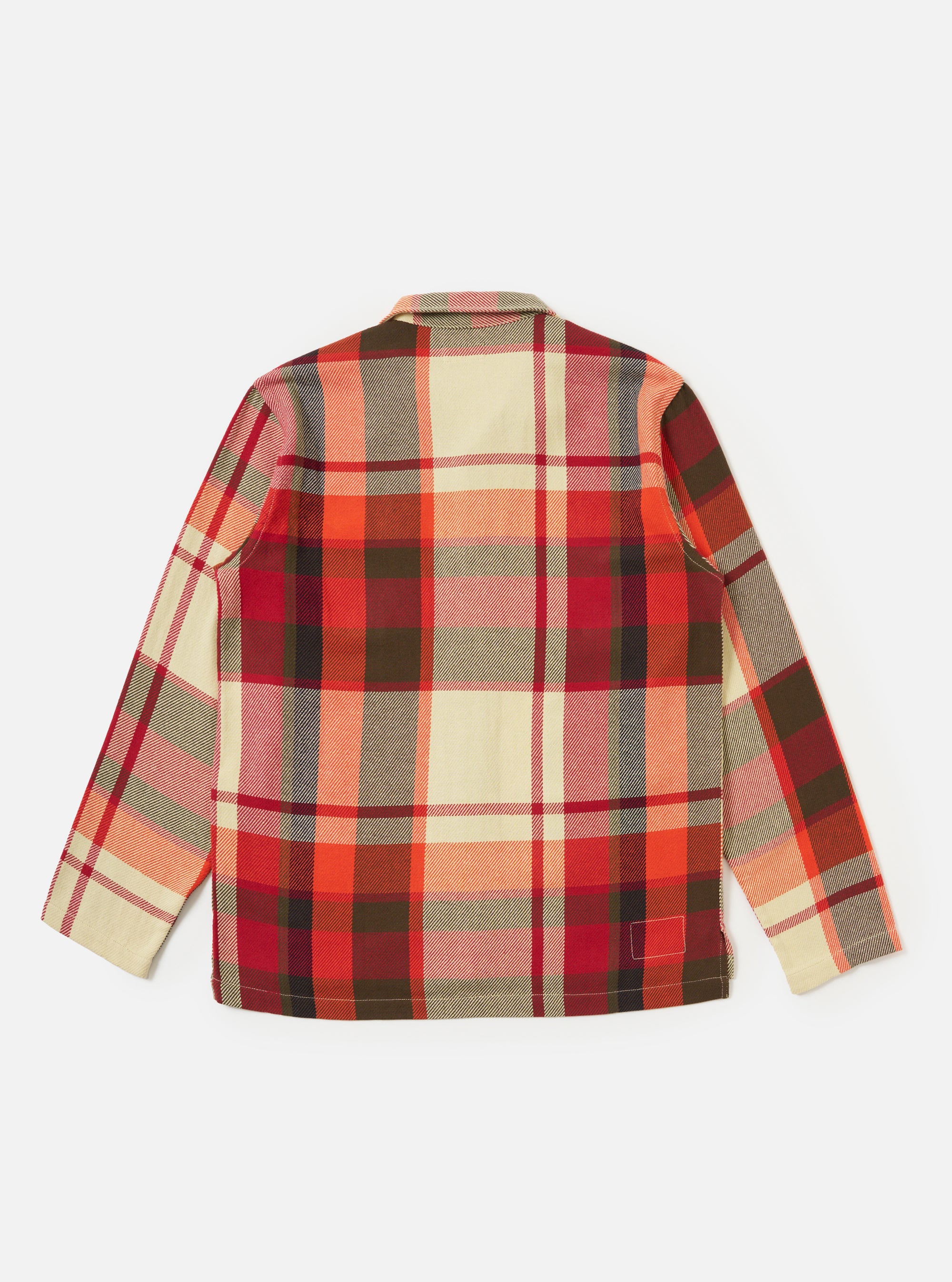 Close-up of the Red Earth Check Long Pyjama Set top on a white background. The red, orange, brown and cream checked pattern is visible.