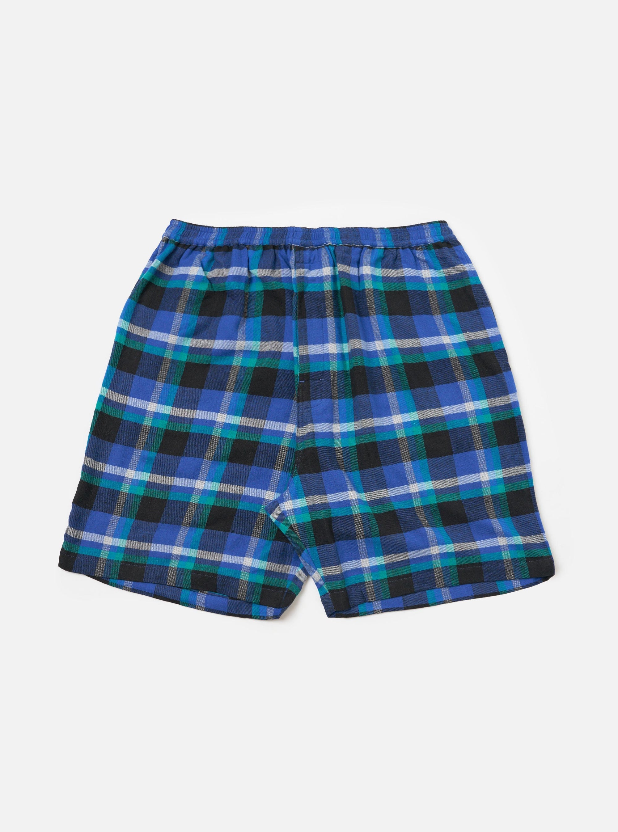 The Blue Night Check Short Pyjama Set on a white background. The shorts are blue, black, and green plaid with an elastic waistband.