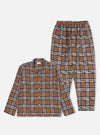 The Brown Ikat Twill Check Long Pyjama Set is laid out on a white background. The set includes a long-sleeved, button-down shirt and matching elastic-waist pants in a brown, black, and white plaid.