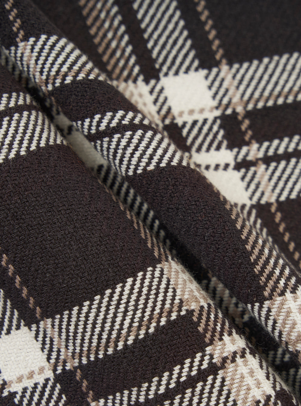 Close-up of the Black Twill Check Long Dressing Gown fabric. The material is a soft twill with a black, white, and brown check pattern. The fabric is draped to show texture.