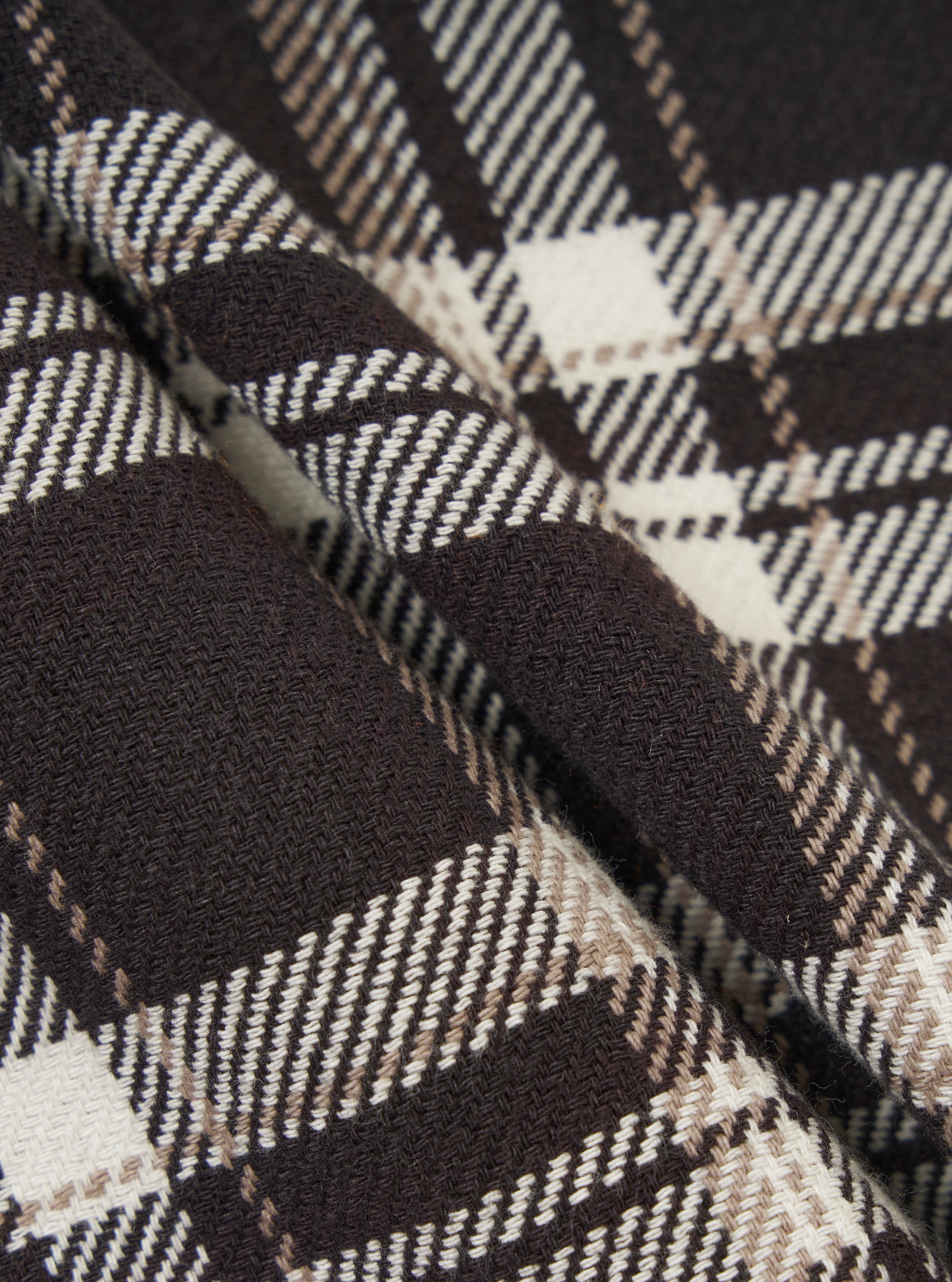 Close-up of the Black Twill Check Long Dressing Gown fabric. The material is a soft twill with a black, white, and brown check pattern. The fabric is draped to show texture.
