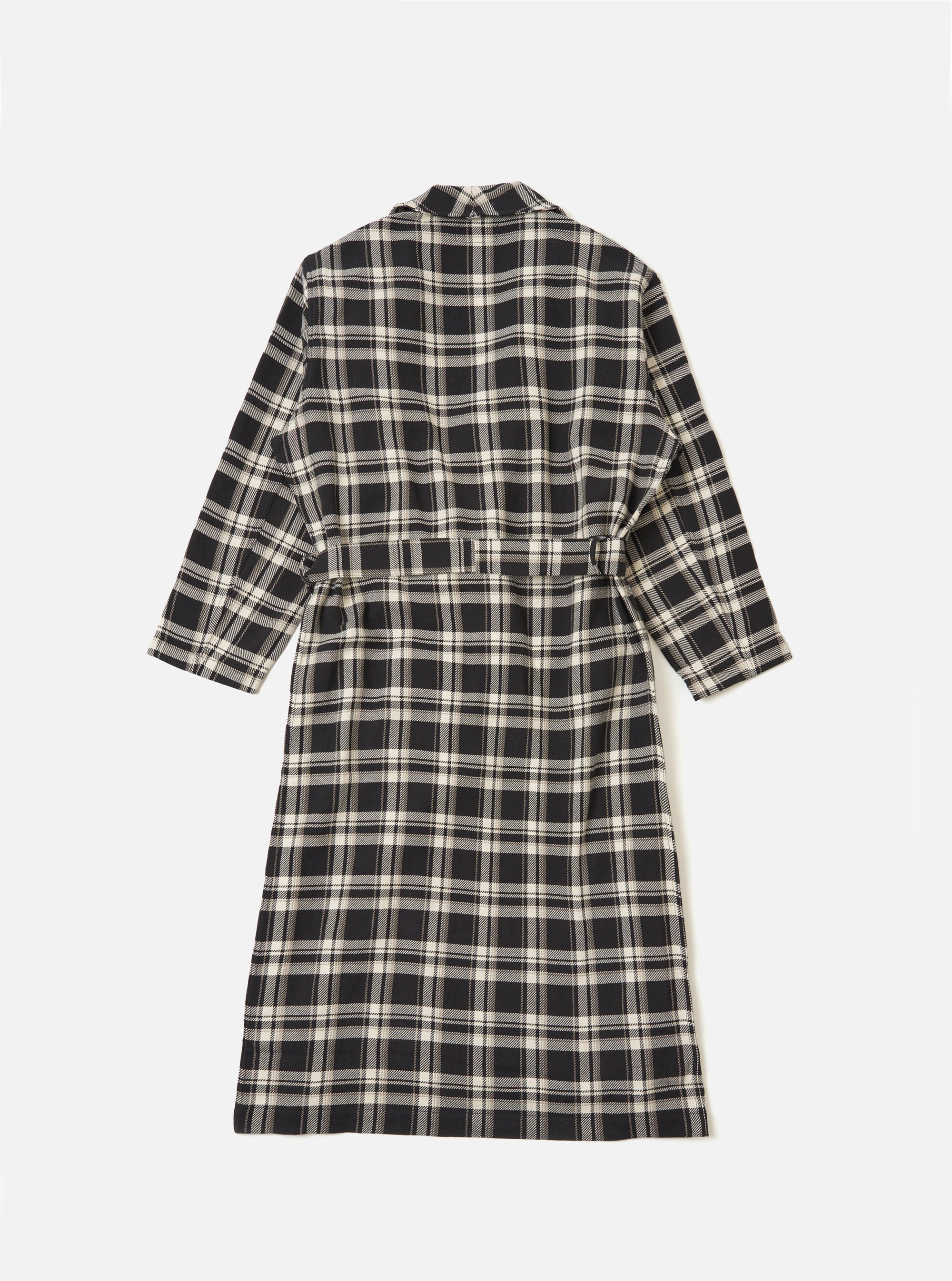 The back of a Black Twill Check Long Dressing Gown on a white background. The gown has a tie around the waist.