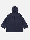 The Navy Seo Recycled Nylon Boston Parka is shown from the back as a flat lay against a plain white background. The image highlights the clean construction of the garment's rear panel, the large hood, and the smooth, technical finish of the navy blue recycled nylon fabric.
