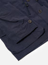 The Navy Seo Recycled Nylon Boston Parka is shown from the back as a flat lay against a plain white background. The image highlights the large, adjustable hood, the long-line silhouette, and the smooth finish of the navy recycled nylon fabric. The parka features a clean back panel with a subtle central seam and a straight hem.