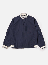 The Navy Peached Poplin NS Bomber Jacket is shown as a flat lay against a plain white background. The jacket features a central front closure with a partially concealed two-way zip and metal pop studs, contrast stripe ribbing at the collar and cuffs, and two large hand warmer pockets. The smooth navy cotton fabric has a matte, peached finish.