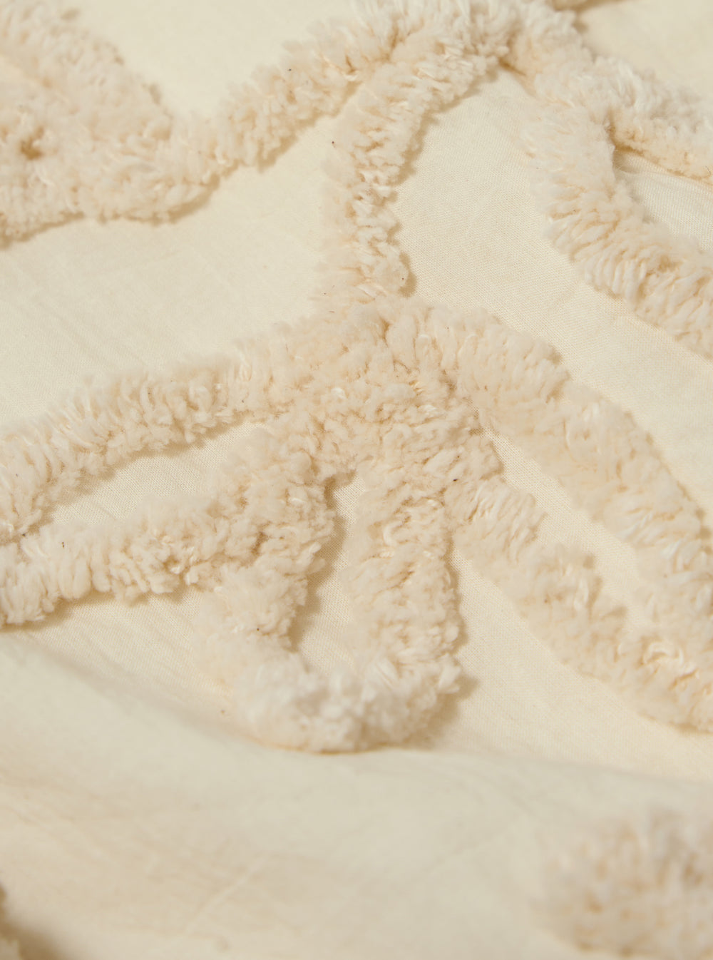 A close-up fabric swatch of the Ecru 3D Flower NS Bomber Jacket highlights the intricate, dimensional floral pattern and textured surface of the ecru-colored fabric.