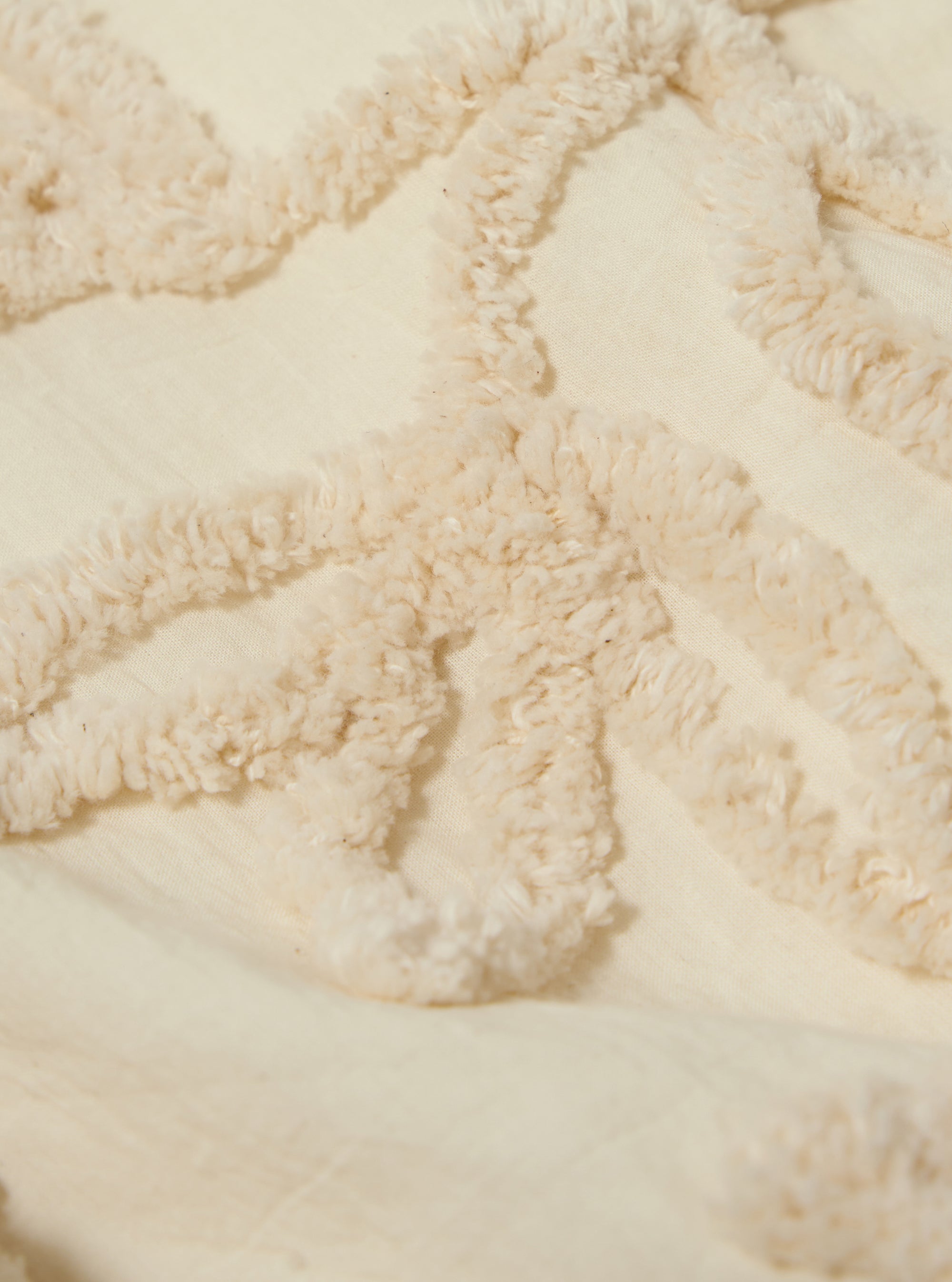 A close-up fabric swatch of the Ecru 3D Flower NS Bomber Jacket highlights the intricate, dimensional floral pattern and textured surface of the ecru-colored fabric.