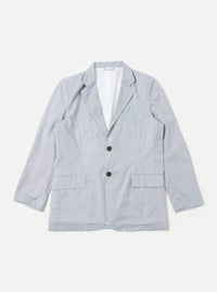 The Navy Kennedy Stripe Boston Blazer is shown as a flat lay against a plain white background. This two-button jacket features a subtle vertical pinstripe pattern on a navy blue base. The garment is designed with a notched lapel, two hip flap pockets, and a single welt pocket on the chest. The structured shoulders and buttoned cuffs are clearly visible.