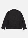 The Black Recycled Polytech Rose Bowl Jacket is shown from the back as a flat lay against a plain white background. The image highlights the garment's boxy fit, oversized collar, and distinctive pleats at the back and cuffs. The adjustable back hem with button detailing is also visible on the smooth, dark fabric.