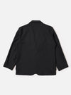 The Black Tropical Suiting Two Button Jacket is shown from the back as a flat lay against a plain white background. The image highlights the clean lines of the relaxed fit, the shaping through the waist, and the two-piece sleeve construction.