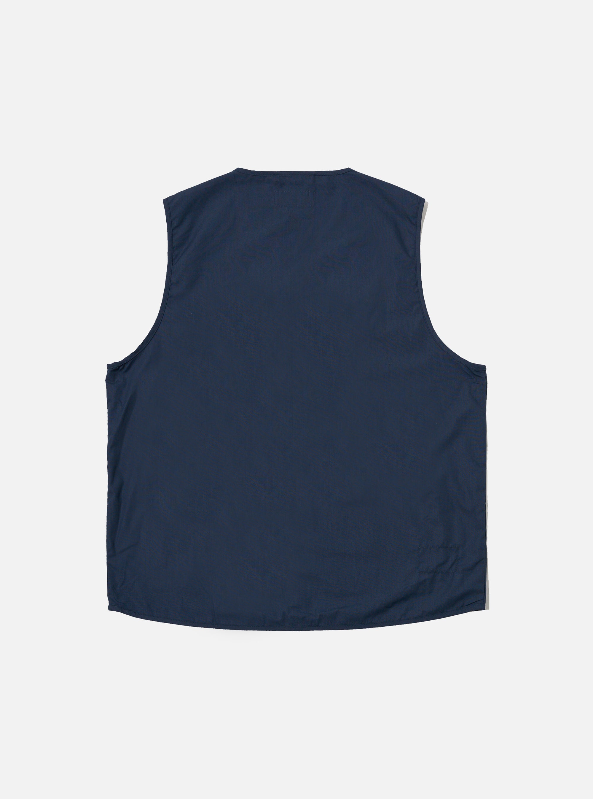 The Navy Recycled Polytech City Waistcoat is shown from the back as a flat lay against a plain white background. The image displays the clean, solid navy fabric and simple construction of the garment's rear.