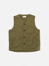 The Olive Recycled Polytech City Waistcoat is displayed as a flat lay against a plain white background. The waistcoat features a clean, minimal design with a central button-down closure and two large patch pockets at the waist. The olive green fabric has a smooth, matte finish.