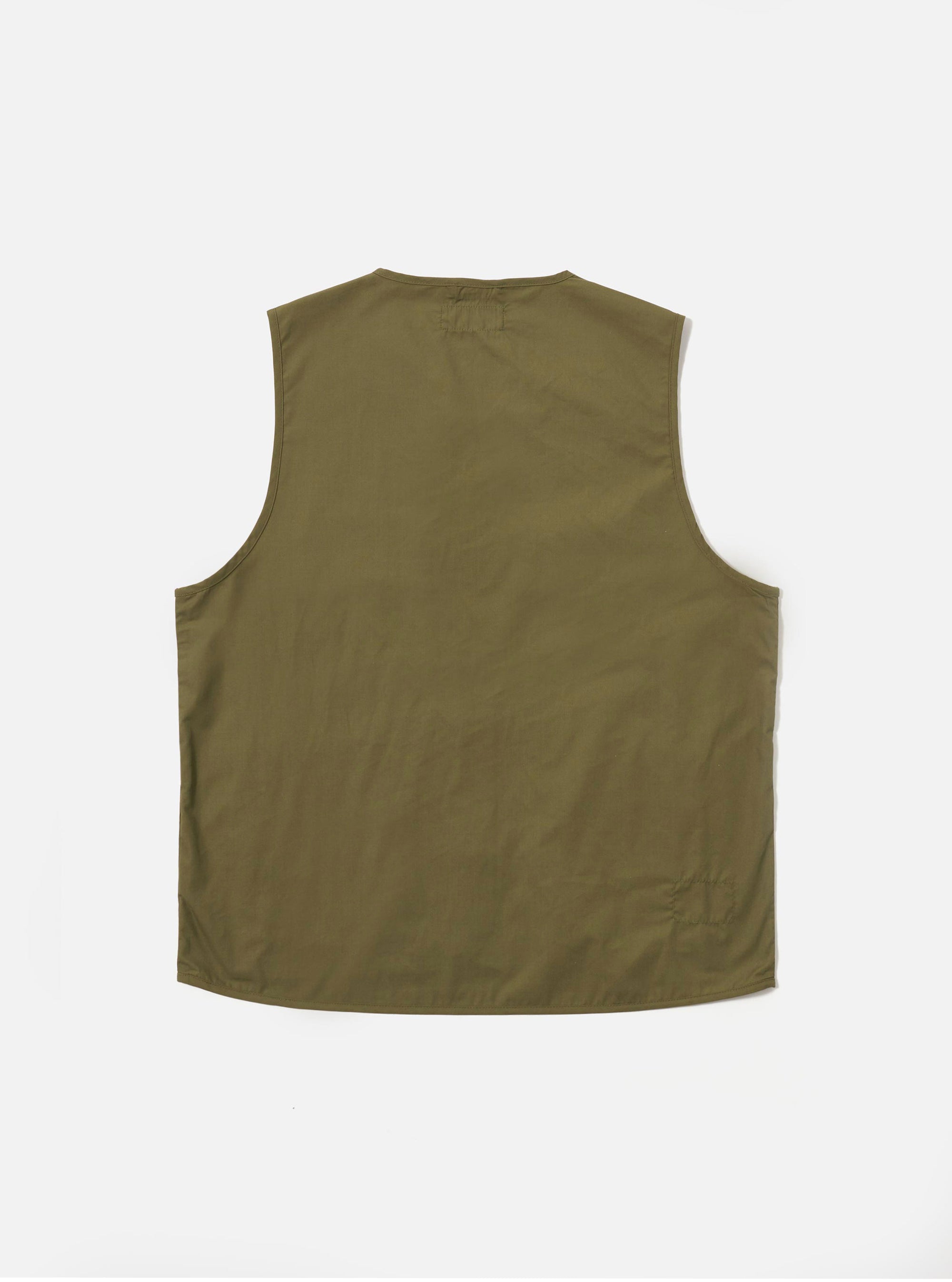 The Olive Recycled Polytech City Waistcoat is shown from the back in a flat lay against a plain white background. The image highlights the clean, simple construction of the garment's rear panel in a solid olive green color.