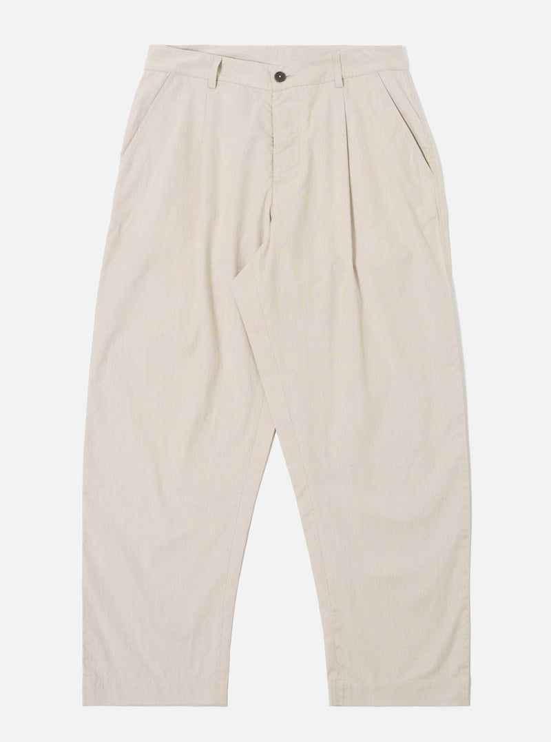 The Brown Kennedy Stripe Duke Pant is shown as a flat lay against a plain white background. These trousers feature a loose, wide-leg fit with a brown and white vertical stripe pattern throughout. The design includes a button waist closure, belt loops, and two large front patch pockets.