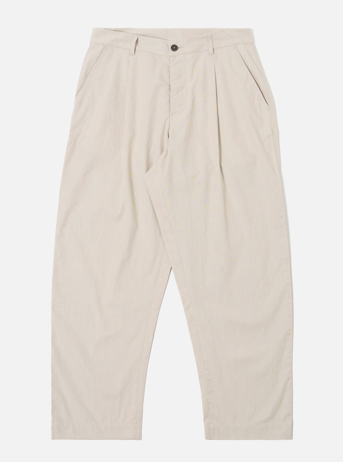 The Brown Kennedy Stripe Duke Pant is shown as a flat lay against a plain white background. These trousers feature a loose, wide-leg fit with a brown and white vertical stripe pattern throughout. The design includes a button waist closure, belt loops, and two large front patch pockets.