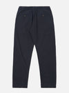 The Dark Navy Ospina Cotton Military Chino is shown from a rear angle as a flat lay against a plain white background. The image highlights the two rear patch pockets, one with a button-down flap, and the structured waistband with belt loops. The dark navy fabric features a visible puckered seersucker texture.