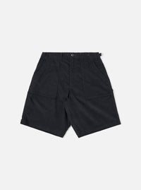 The Black Organic Fine Cord Fatigue Short is shown as a flat lay against a plain white background. The shorts feature a button closure with a zip fly, large front patch pockets, and a distinct fine-ribbed corduroy texture.