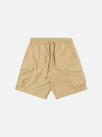 The Sand Recycled Polytech Parachute Short is presented as a flat lay against a plain white background. The shorts feature an elasticated waistband with an adjustable drawstring, front patch pockets, and a utility pocket on the side.