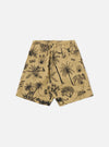 The Sand Jungle Toile Twill Pleated Track Short is shown from a rear angle as a flat lay against a plain white background. The shorts feature a single rear patch pocket on the right side and an elasticated waistband with visible stitching. The sand-colored cotton twill fabric is printed with a dark jungle toile pattern featuring botanical and animal illustrations.
