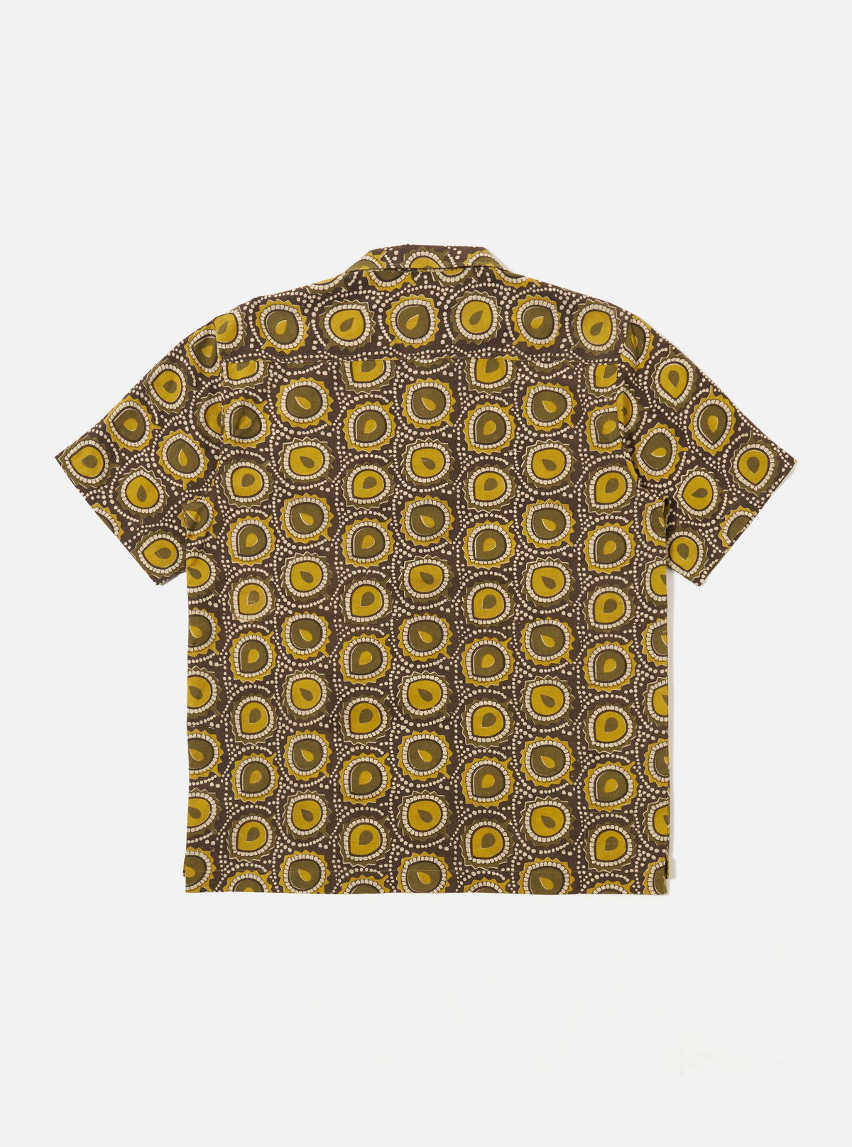 The Olive Cape Block Print Camp Shirt is shown from the back as a flat lay against a plain white background. The shirt features a camp collar and short sleeves, with the intricate block print pattern visible across the olive green fabric.