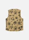 The Sand Jungle Toile Twill 4 Pocket Gilet is shown from the back in a flat lay against a plain white background. The garment features an all-over jungle toile print with dark illustrations of foliage and animals on a sand-colored base. The back is constructed with a simple, straight-cut panel and a clean hemline.