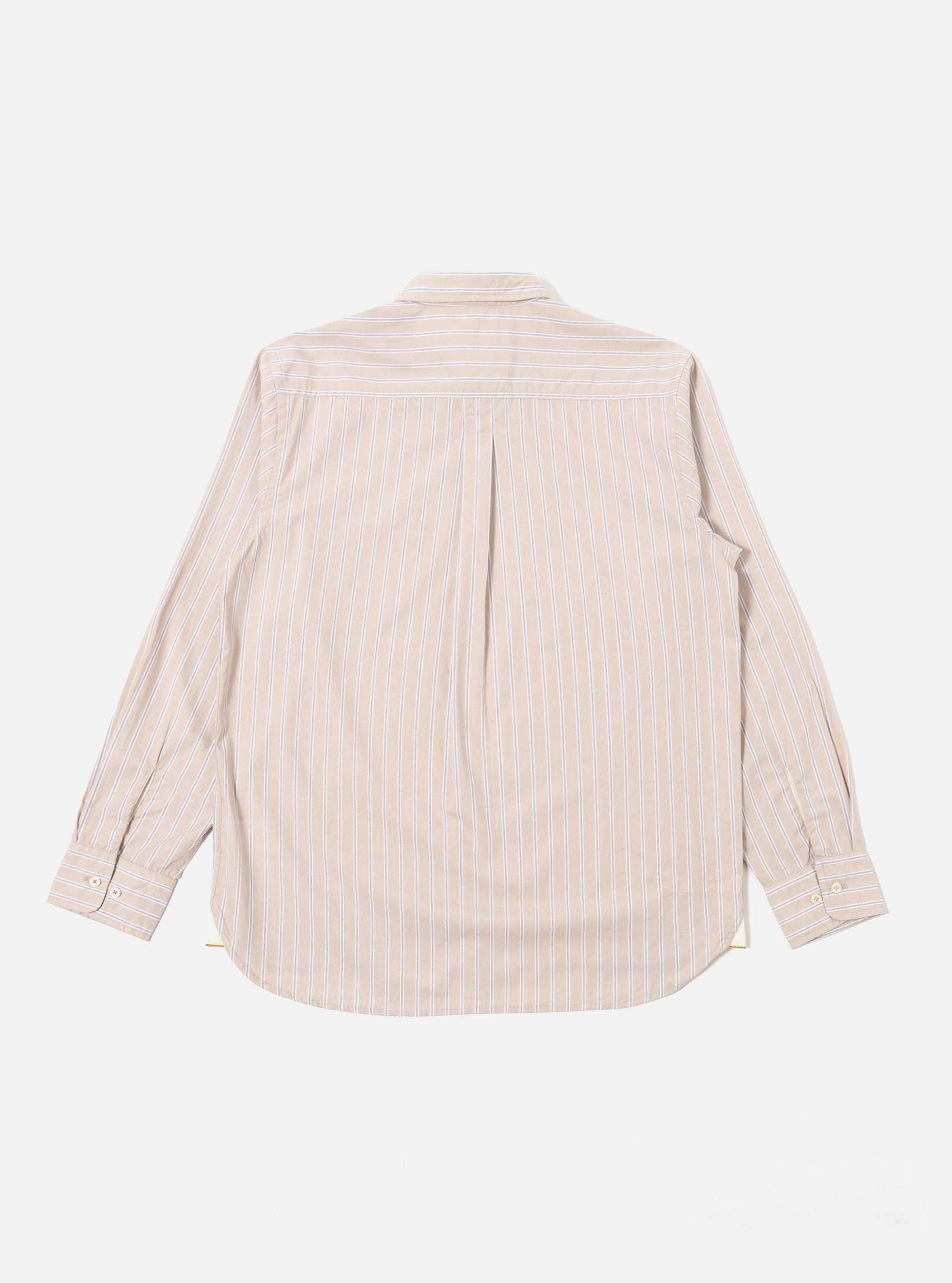 The Sand Urban Stripe Lazy Day Shirt is shown from the back as a flat lay against a white background. The image highlights the horizontal stripe pattern on the back yoke, which contrasts with the vertical stripes on the main body of the shirt. A central box pleat is visible below the yoke.